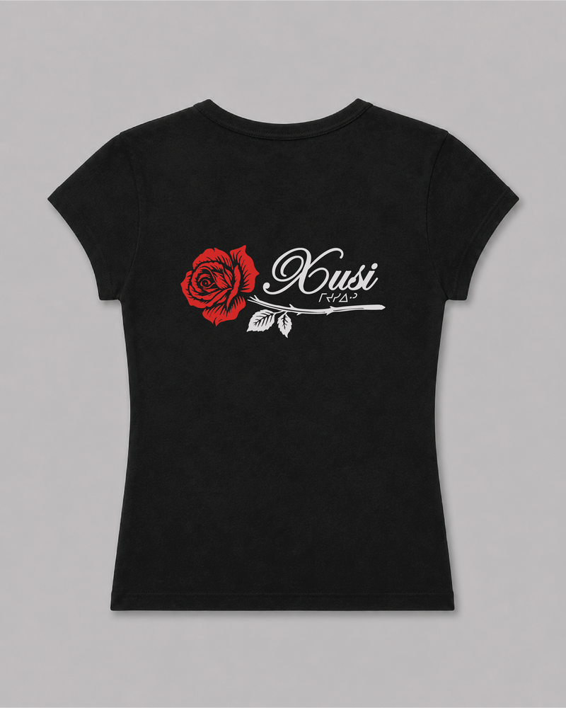 Women's Black Rose Baby Rib T-Shirt, back print – Indigenous-owned women's baby rib tee by XUSI, Saskatoon