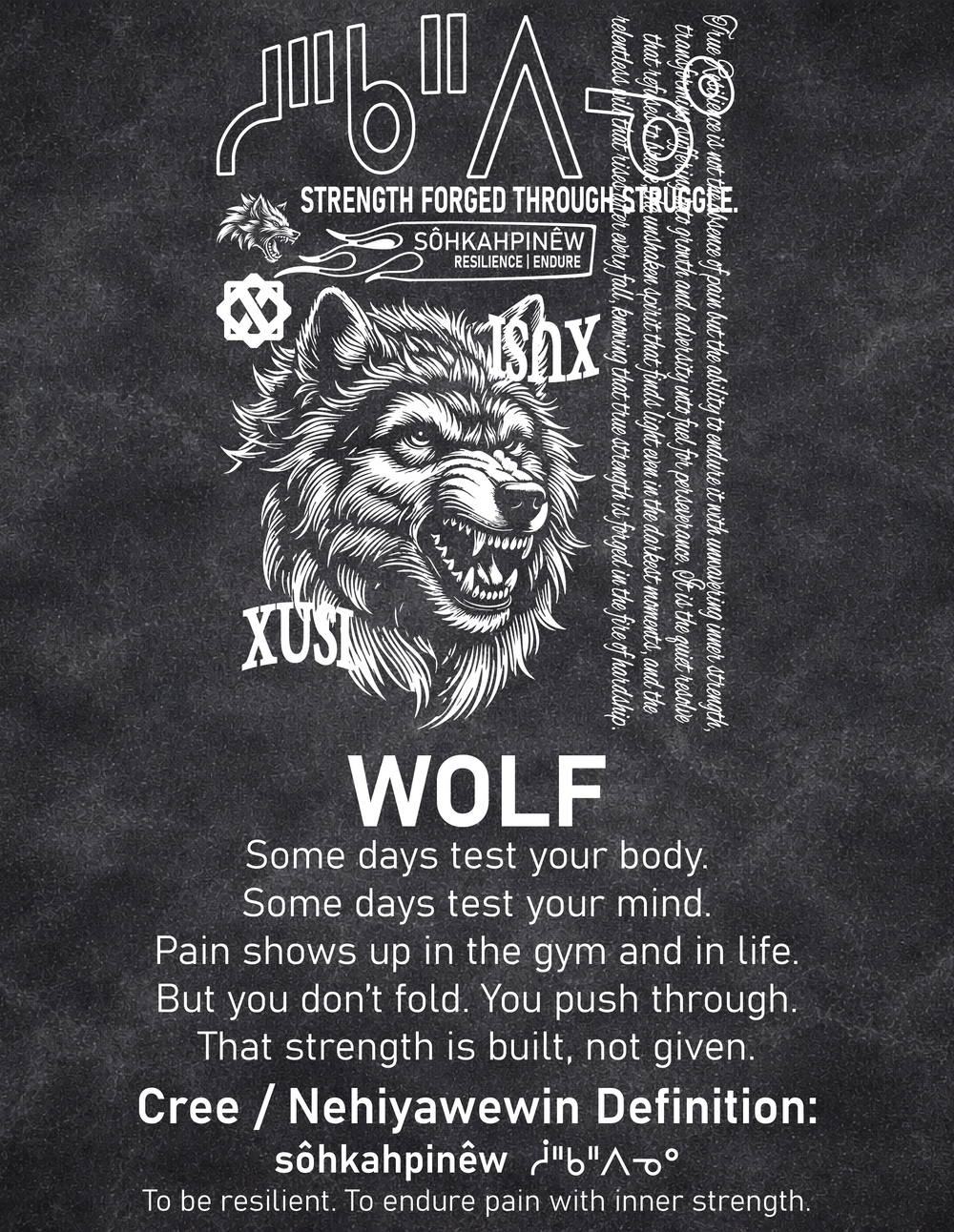 Wolf design artwork with the Cree word sôhkahpinêw, by XUSI