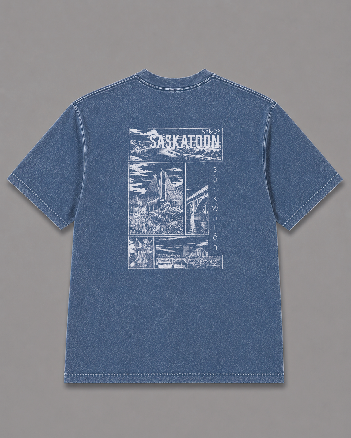 Blue sâskwatôn T-Shirt, back print – Indigenous-owned t-shirt by XUSI, Saskatoon