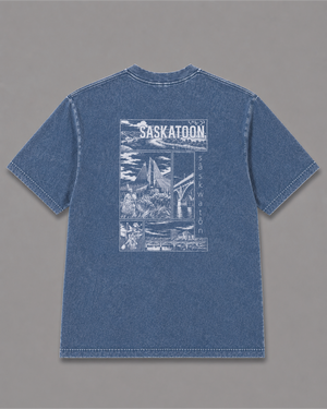 Blue sâskwatôn T-Shirt, back print – Indigenous-owned t-shirt by XUSI, Saskatoon