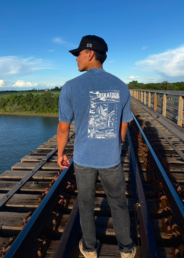 Blue sâskwatôn T-Shirt, photo 3 – Indigenous-owned t-shirt by XUSI, Saskatoon