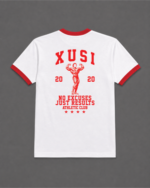 Golden Era Ringer Red T-Shirt, back print – Indigenous-owned t-shirt by XUSI, Saskatoon