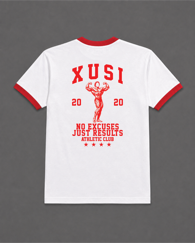 Golden Era Ringer Red T-Shirt, back print – Indigenous-owned t-shirt by XUSI, Saskatoon