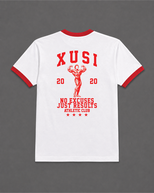 Golden Era Ringer Red T-Shirt, back print – Indigenous-owned t-shirt by XUSI, Saskatoon