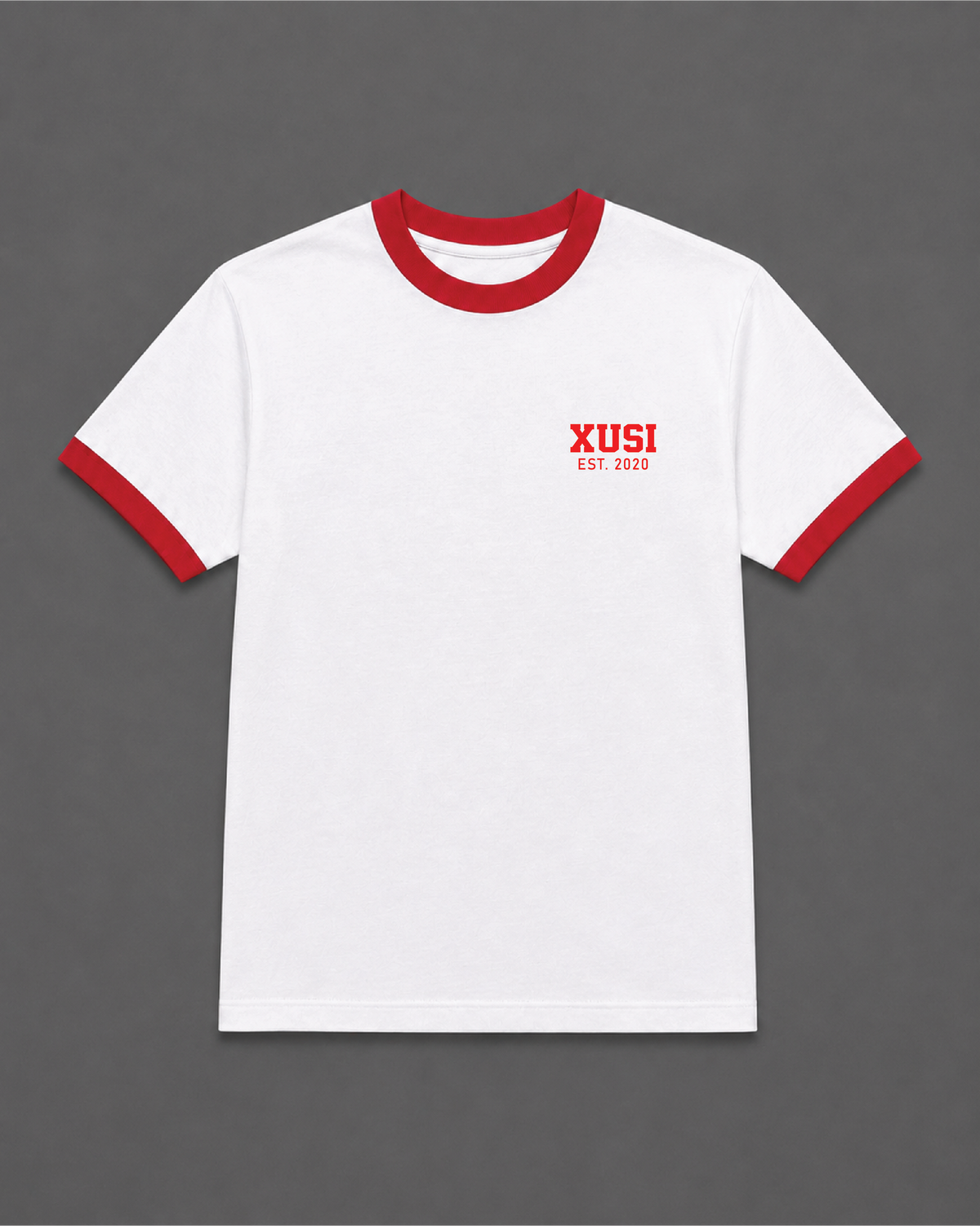 Golden Era Ringer Red T-Shirt, front print – Indigenous-owned t-shirt by XUSI, Saskatoon