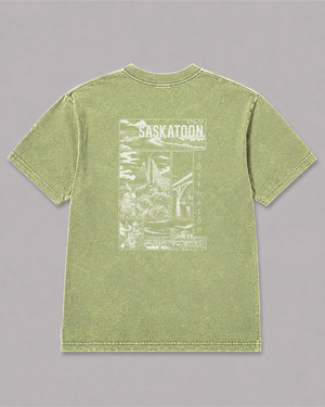 Green sâskwatôn T-Shirt, back print – Indigenous-owned t-shirt by XUSI, Saskatoon