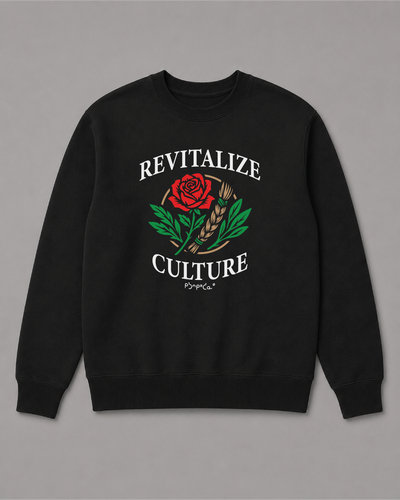 Revitalize Culture Crewneck, front print – Indigenous-owned crewneck by XUSI, Saskatoon