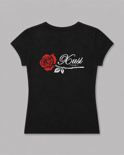 Women's Black Rose Baby Rib T-Shirt, back print – Indigenous-owned women's baby rib tee by XUSI, Saskatoon