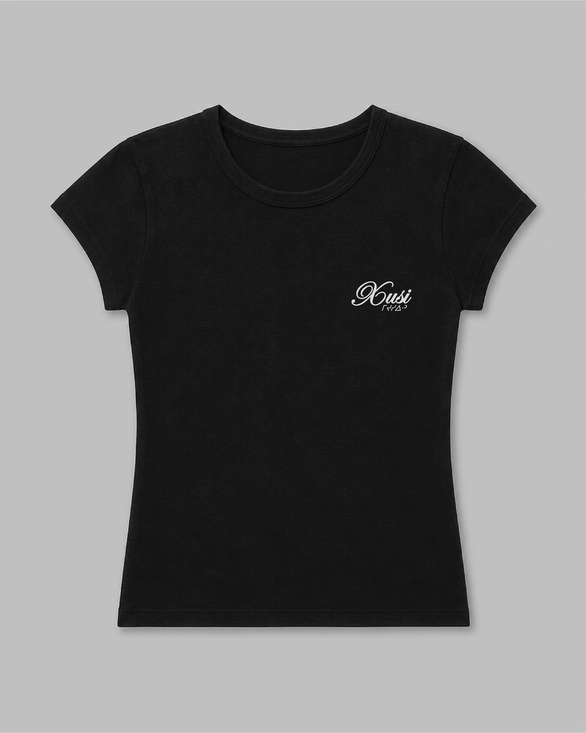 Women's Black Rose Baby Rib T-Shirt, front print – Indigenous-owned women's baby rib tee by XUSI, Saskatoon