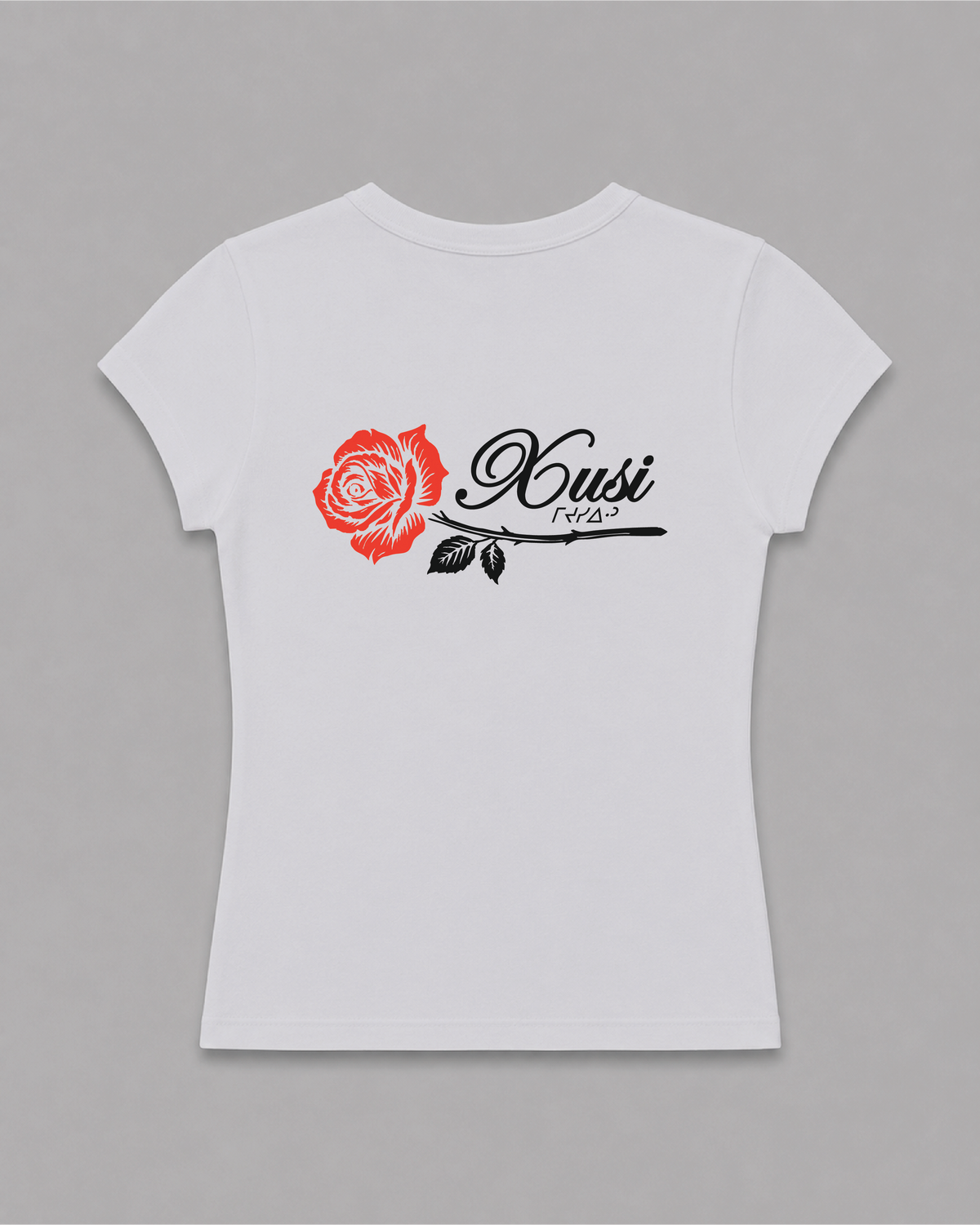 Women's White Rose Baby Rib T-Shirt, back print – Indigenous-owned women's baby rib tee by XUSI, Saskatoon