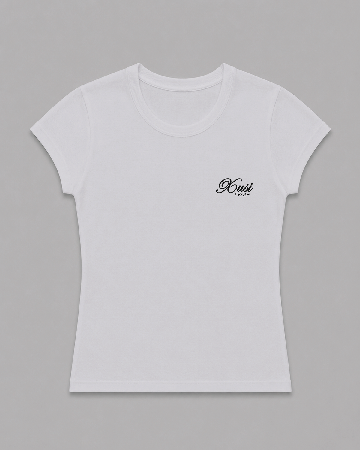 Women's White Rose Baby Rib T-Shirt, front print – Indigenous-owned women's baby rib tee by XUSI, Saskatoon